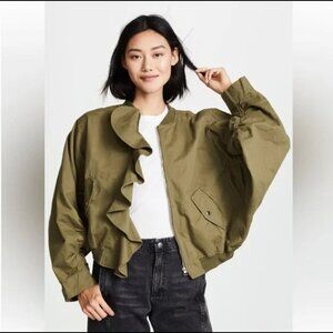 J.O.A.‎ Oversized Bomber Jacket Olive Green S Ruffle Zip Up